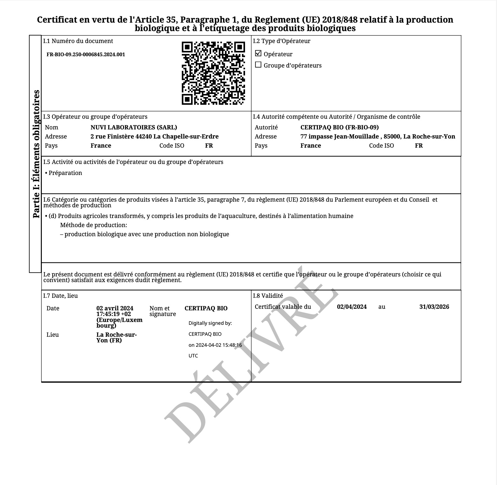 certification bio Nuvi laboratoires page 1